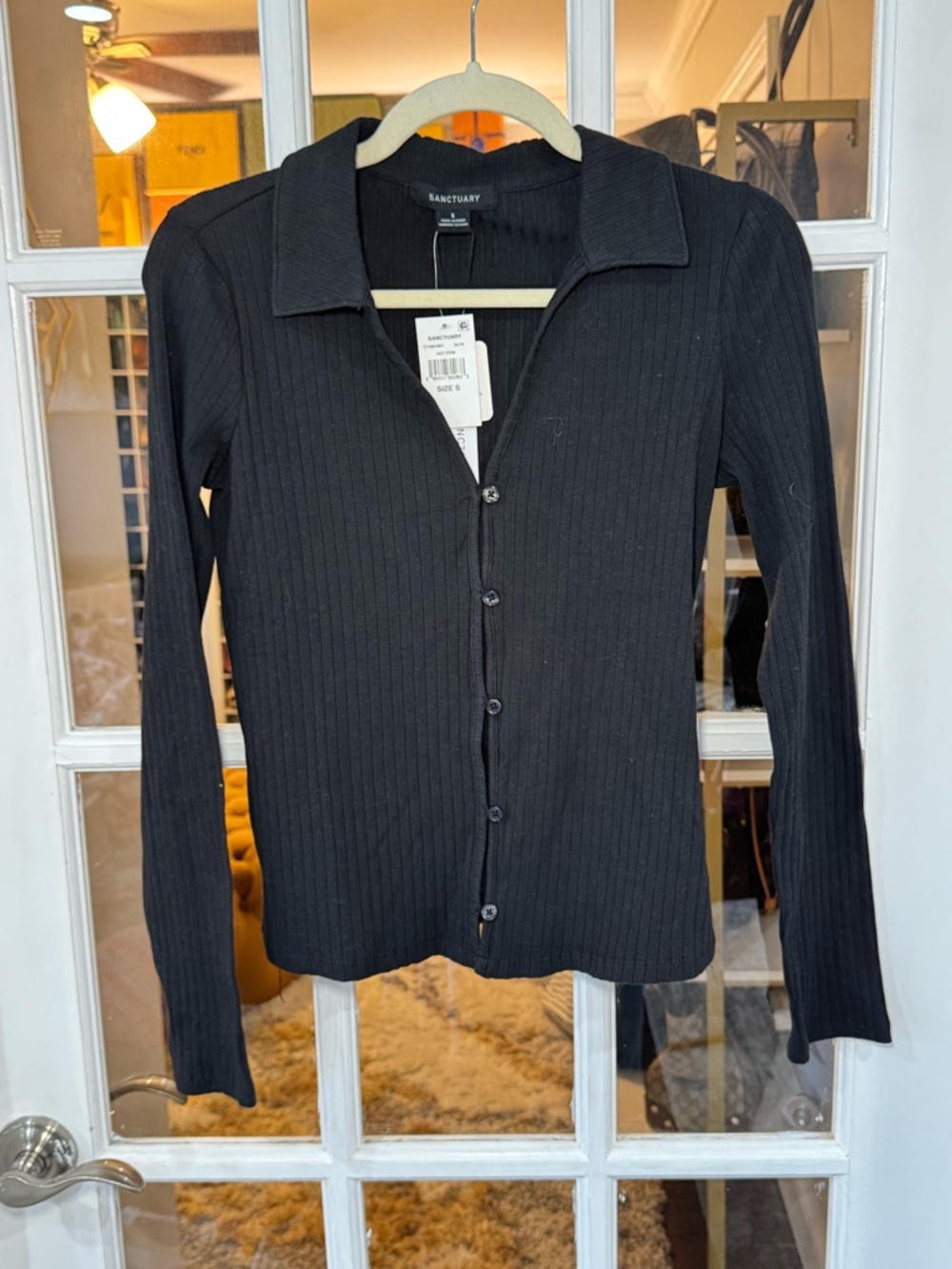 ♟️▪️Sanctuary Black Ribbed Button-Front Collared Top ▪️♟️ - Picture 3 of 6
